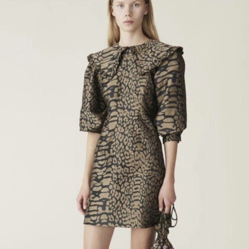NWT GANNI Jacquard Animal Print Mini Dress - puff sleeve statement color